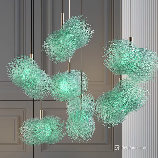 Multiple Modern Green Net Like Chandeliers Hanging In Stylish Interior Space 3d model