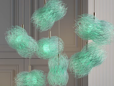 Multiple Modern Green Net Like Chandeliers Hanging In Stylish Interior Space 3d model