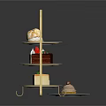Three Tier Gold Metal Stand Displaying Assorted Desserts Cake Slices Ice Cream And Fresh Strawberry