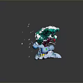 Festive Green Plant Decorated With Snow Red Ornaments Blue Figurines Gift Boxes And Falling Snowflakes