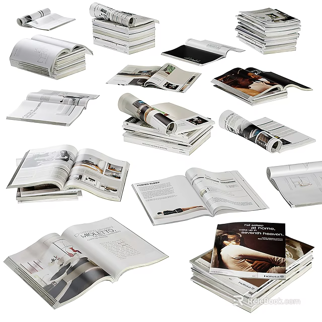 Open Books And Magazines With Variety Of Pages Featuring Photographs Text Stacked And Displayed 3d model 