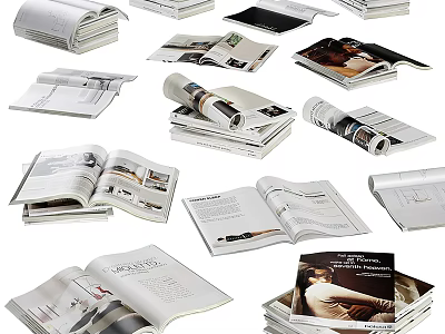 Open Books And Magazines With Variety Of Pages Featuring Photographs Text Stacked And Displayed 3d model