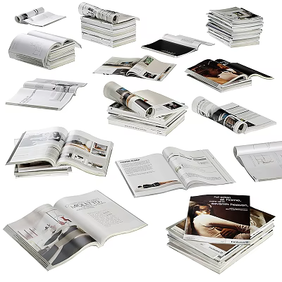 Open Books And Magazines With Variety Of Pages Featuring Photographs Text Stacked And Displayed 3d model