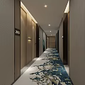 Long Hotel Corridor With Wooden Walls Large Windows City View And Patterned Carpet Ceiling Lights