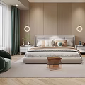 Modern Bedroom Interior With Upholstered Headboard Round Wall Lamps Green Curtains And Wooden Flooring