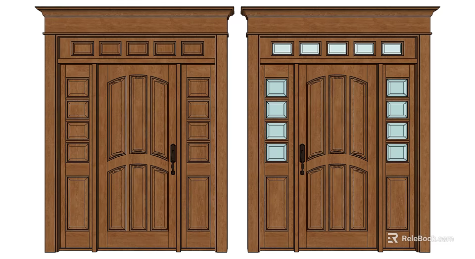 Traditional Wooden Doors Design With Decorative Panels And Glass Panes Features 3d model 