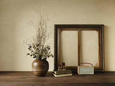 Cozy Vintage Table Decor With Brown Vase Flowers Wooden Frame Books Retro Radio 3d model