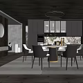 Modern Dining Room Interior With Dark Cabinets Round Pendant Lights And Marble Accents