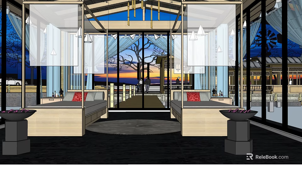 Luxurious Hotel Room Interior With Large Windows And Scenic Sunset View 3d model 
