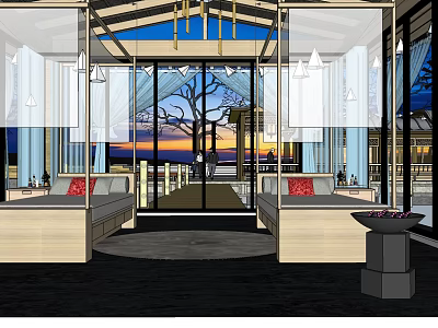 Luxurious Hotel Room Interior With Large Windows And Scenic Sunset View 3d model