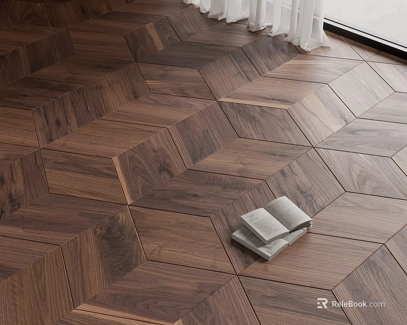 Luxurious Walnut Wood Flooring With Herringbone Design In Living Space And Open Books 3d model 