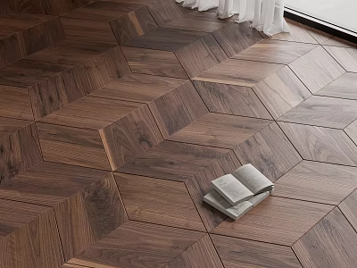 Luxurious Walnut Wood Flooring With Herringbone Design In Living Space And Open Books 3d model