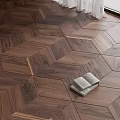 Luxurious Walnut Wood Flooring With Herringbone Design In Living Space And Open Books