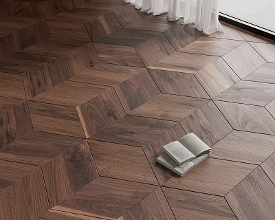 Luxurious Walnut Wood Flooring With Herringbone Design In Living Space And Open Books 3d model