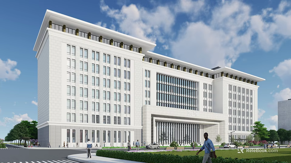 Modern White Office Building with Large Windows Grand Entrance Landscaped Area Blue Sky and Pedestrians 3d model 
