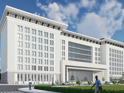 Modern White Office Building with Large Windows Grand Entrance Landscaped Area Blue Sky and Pedestrians 3d model