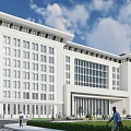 Modern White Office Building with Large Windows Grand Entrance Landscaped Area Blue Sky and Pedestrians