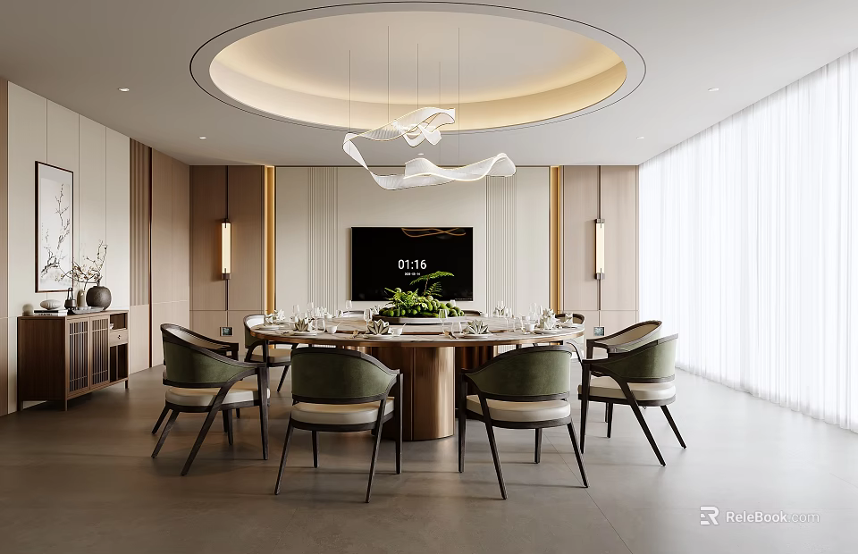 Modern Elegant Private Dining Room With Round Table Green Plant And TV 3d model 