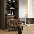 Modern Fireplace Design With Black Wall White Shutters Wood Pile Brown Chair And Floor Lamp