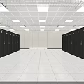 Industrial Server Room Featuring Rows Of Black Server Cabinets White Ceiling Lights And Spacious Aisle
