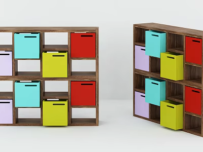 Wooden Shelving Units With Colorful Storage Bins In Red Yellow Blue Purple 3d model