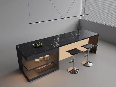 Modern Bar Counter Design With Marble Top Black Beige Storage Shelves And Bar Stools 3d model