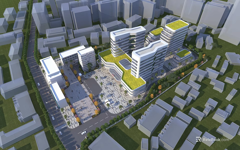 Modern Hospital Building With Green Roof In Urban Area Featuring Square Trees And Roads 3d model 