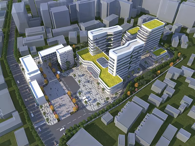 Modern Hospital Building With Green Roof In Urban Area Featuring Square Trees And Roads 3d model