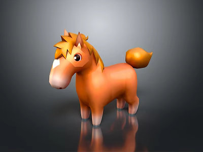 Orange Cartoon Pony with Yellow Mane and Fluffy Tail on Dark Background with Reflective Surface 3d model