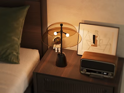 Wooden Bedside Table with Table Lamp Vintage Radio and Art Frame 3d model