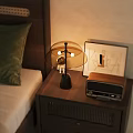 Wooden Bedside Table with Table Lamp Vintage Radio and Art Frame