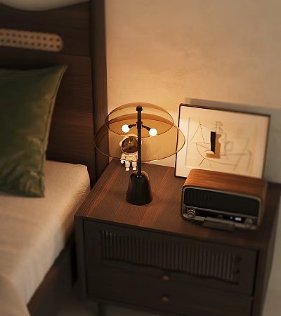 Wooden Bedside Table with Table Lamp Vintage Radio and Art Frame 3d model