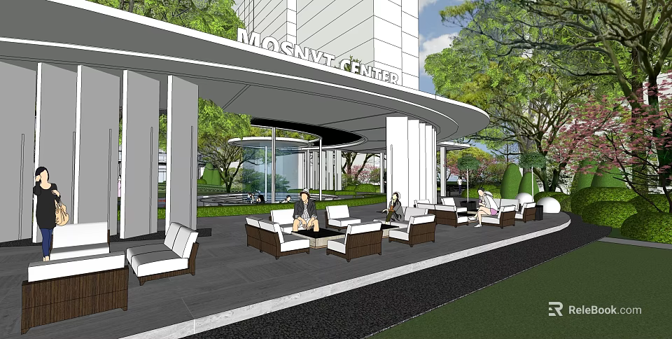 MOSAIC CENTER Main Entrance Gate with Modern White Columns and Outdoor Seating Area Amid Greenery 3d model 
