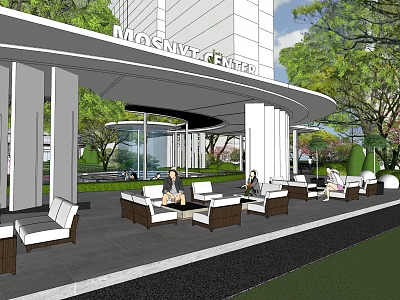 MOSAIC CENTER Main Entrance Gate with Modern White Columns and Outdoor Seating Area Amid Greenery 3d model