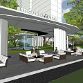 MOSAIC CENTER Main Entrance Gate with Modern White Columns and Outdoor Seating Area Amid Greenery