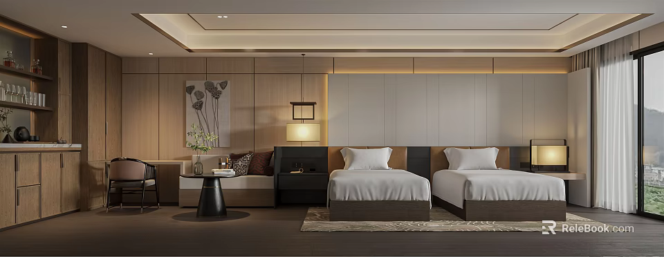 Modern Hotel Guest Room With Twin Beds Seating Area Wooden Paneling And Artwork 3d model 