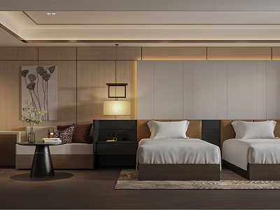 Modern Hotel Guest Room With Twin Beds Seating Area Wooden Paneling And Artwork 3d model