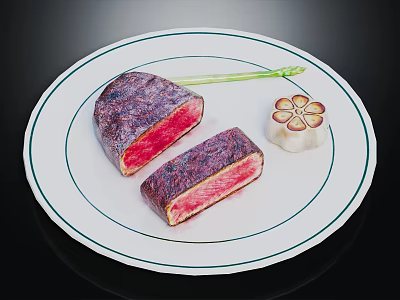 Raw Tuna Fish Sashimi Slices on White Plate With Fresh Asparagus and Garlic 3d model