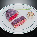 Raw Tuna Fish Sashimi Slices on White Plate With Fresh Asparagus and Garlic