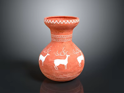 Red Terracotta Vase With White Deer Patterns Zigzag Trim And Geometric Decorations 3d model