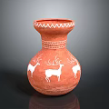 Red Terracotta Vase With White Deer Patterns Zigzag Trim And Geometric Decorations