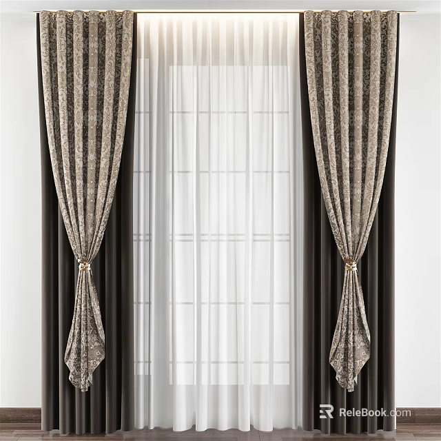 Dark Striped Curtains With White Sheer Layer And Decorative Tiebacks For Window 3d model