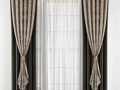 Dark Striped Curtains With White Sheer Layer And Decorative Tiebacks For Window 3d model