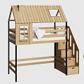 Wooden Kids Bed with House Shaped Roof Staircase Storage Drawers and Black Frame