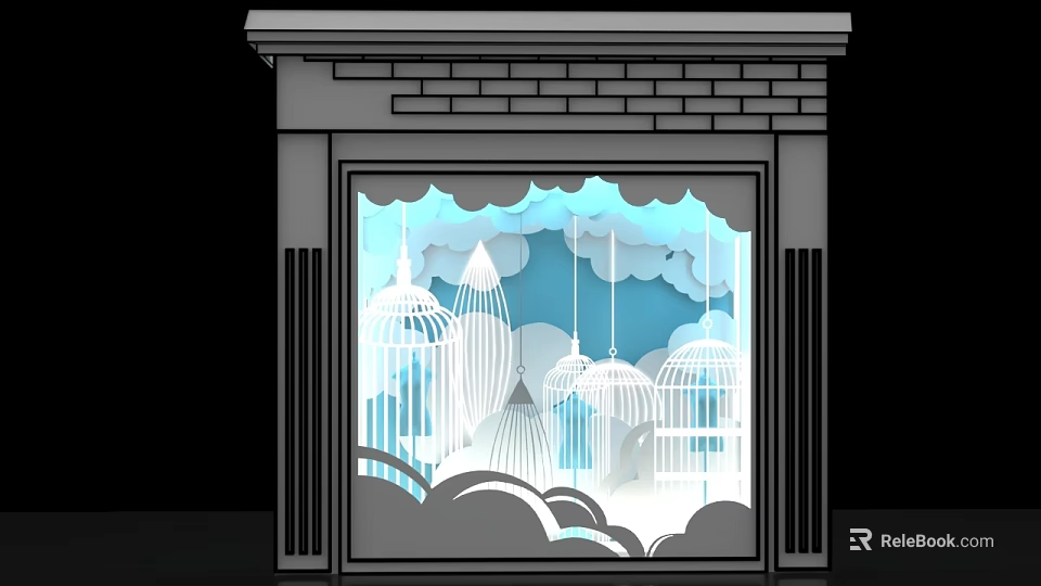 Creative Window Display With Paper Art Birdcages Clouds And Blue Sky Background 3d model 