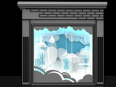 Creative Window Display With Paper Art Birdcages Clouds And Blue Sky Background 3d model