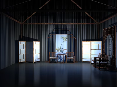 Traditional Chinese Interior With Wooden Table Chair Set And Decorative Screens 3d model
