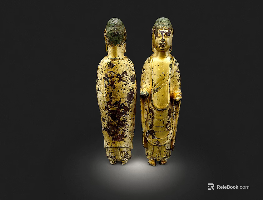Ancient Sculpture Carving Of Two Standing Figures With Gold And Green Patina 3d model 
