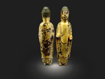 Ancient Sculpture Carving Of Two Standing Figures With Gold And Green Patina 3d model