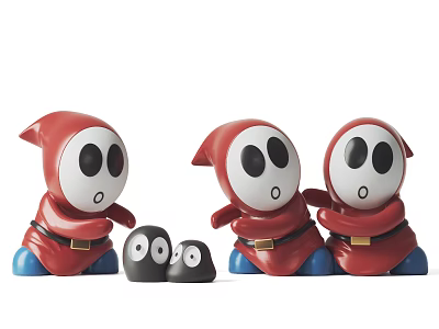 Cute Red Decorative Figurine Set With Large Black Eyes And Small Black Figurines 3d model